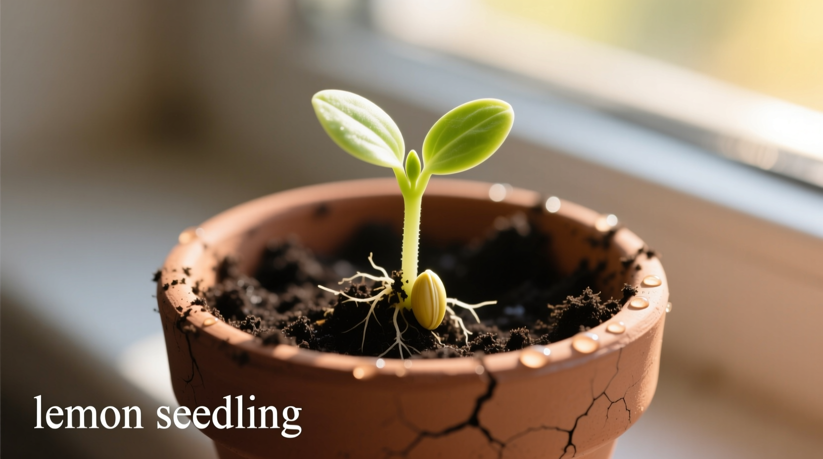 Lemon seedling emerging from soil in small terracotta pot