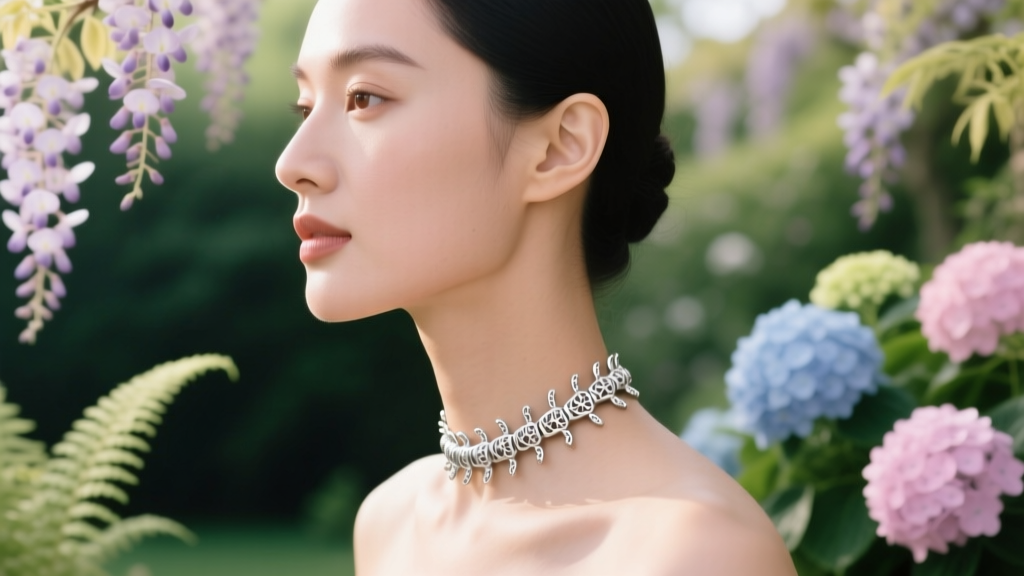 Side profile of a woman wearing a delicate sterling silver caterpillar choker against a soft, blurred botanical garden backdrop.
