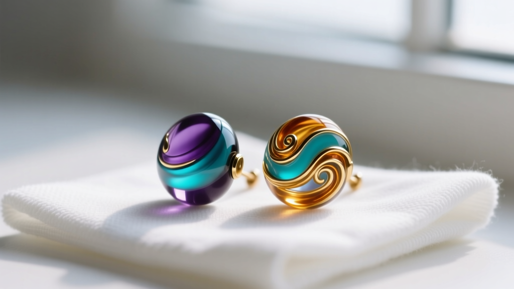 Close-up of vibrant lampwork glass bead earrings resting on a microfiber cloth, illuminated by soft natural window light.