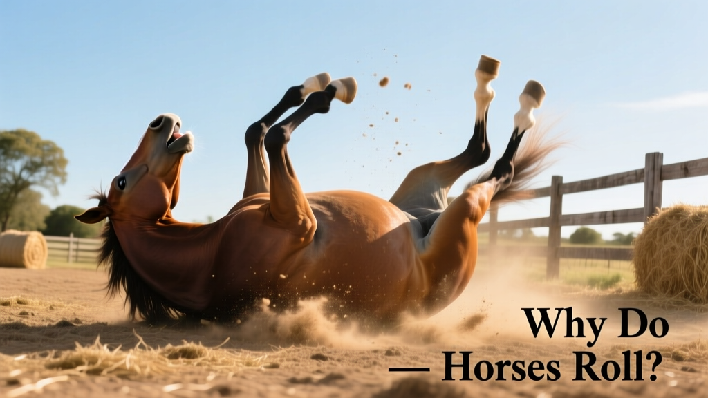 A horse rolling on its back in a dusty paddock, legs stretched upward