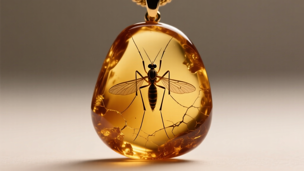 Macro photography of a raw Dominican amber pendant revealing a preserved prehistoric mosquito inclusion inside the golden resin.