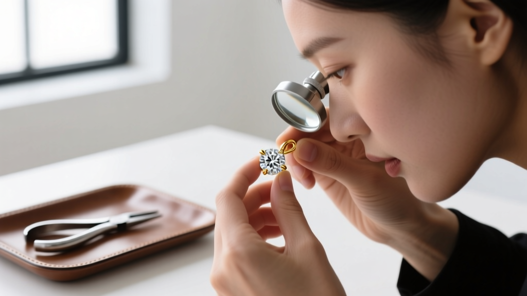 Jeweler using a loupe to inspect the friction back of an 18k gold diamond earring, with pliers visible in the blurred background