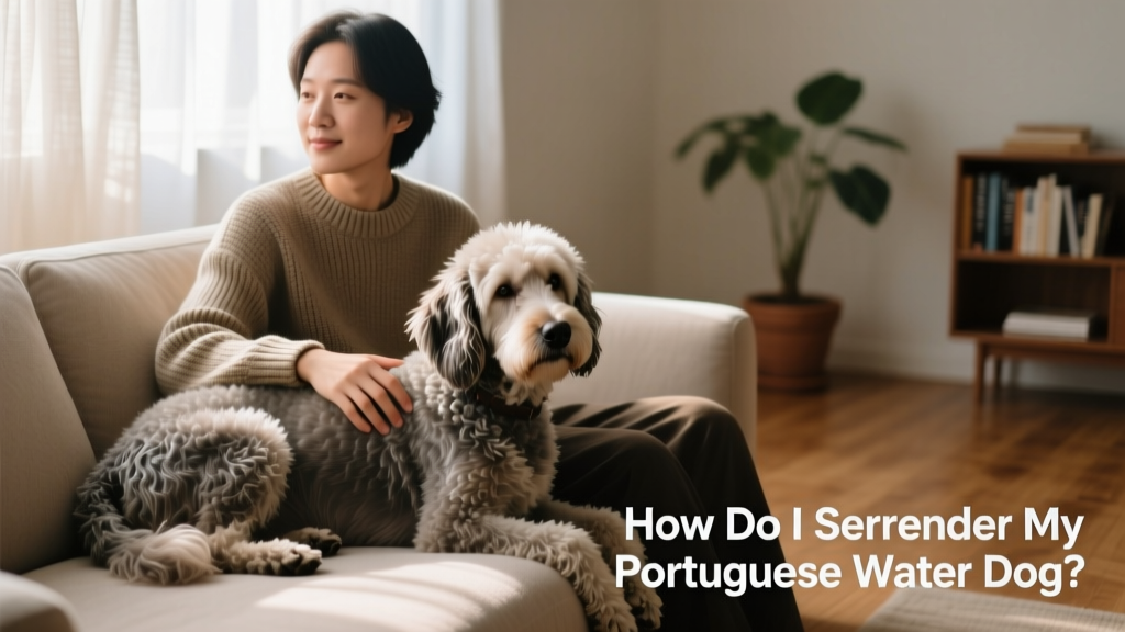 A calm, well-groomed Portuguese Water Dog resting beside a person on a sofa, showing trust and companionship