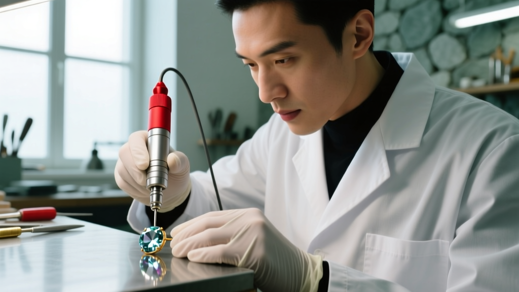 Jeweler using a micro-motor polishing tool with red jeweler