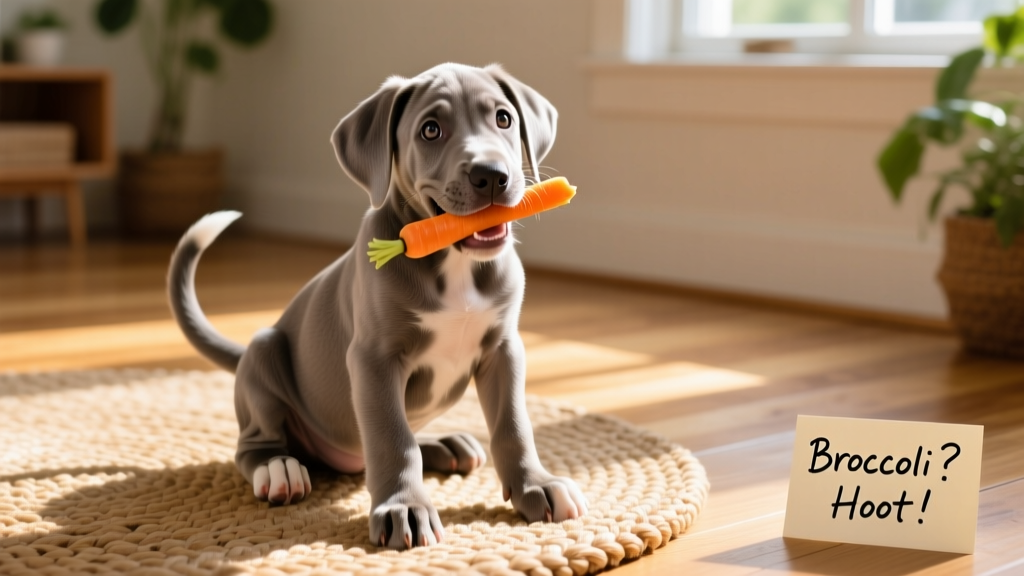 Luna happily munching on a carrot stick while sitting on a sunlit rug, tail wagging
