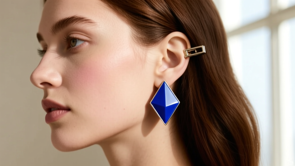 Side profile of a woman wearing a lapis lazuli paddle-back blue clip-on earring, demonstrating proper earlobe alignment and fit.