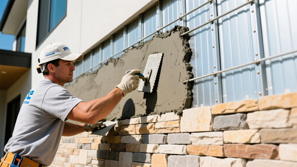 Mason troweling Type S mortar onto metal lath scratch coat before placing Artesia manufactured stone veneer on a modern exterior wall