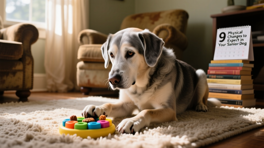 Senior dog interacting thoughtfully with a treat puzzle toy on a cozy rug