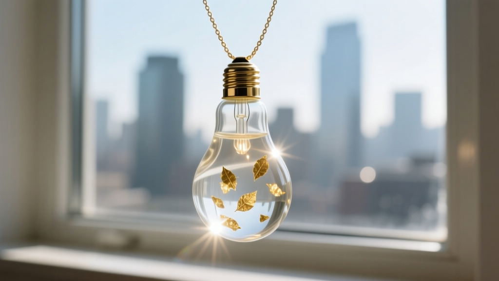 Epoxy resin xmas light bulb necklace held against a sunny window, revealing suspended gold leaf flakes and high optical clarity.