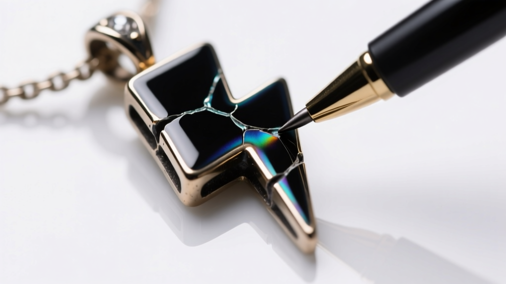 Macro shot of chipped black enamel on a lightning bolt pendant being retouched with a fine-tip resin pen under bright studio light