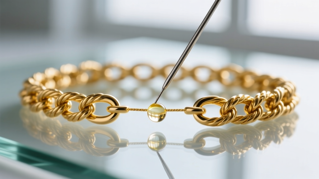 A tangled 18k gold rope chain being gently separated using a fine steel needle and a drop of mineral oil on a glass surface.