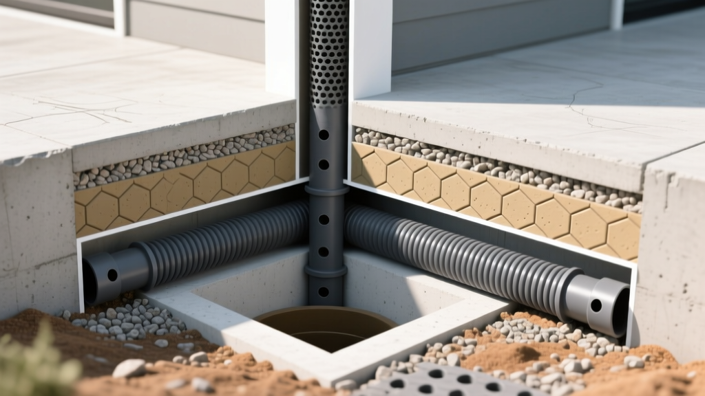 Residential foundation cross-section showing exterior footing drain, dimple board, and interior perimeter drain tile