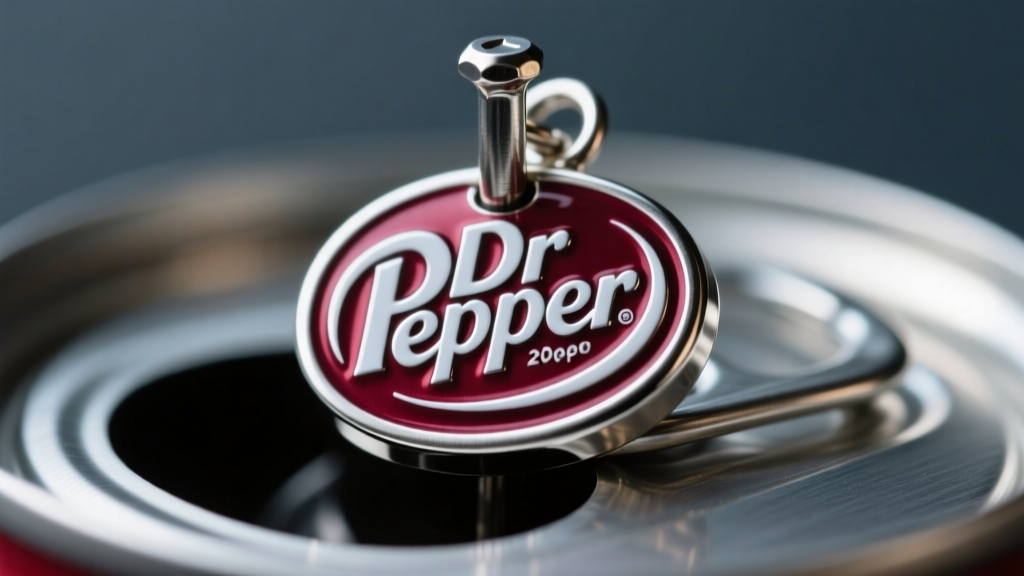 Macro of a 20-gauge steel post on an enamel Dr Pepper can charm, showing glossy maroon finish and silver borders on dark slate.
