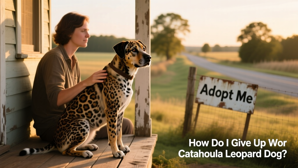 A calm, confident Catahoula Leopard Dog sitting beside a person on a porch, conveying trust and connection