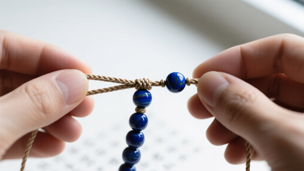 Hands knotting 0.8mm braided nylon cord between heavy lapis lazuli beads on a Buddhist mala, showing cord tension and spacing.