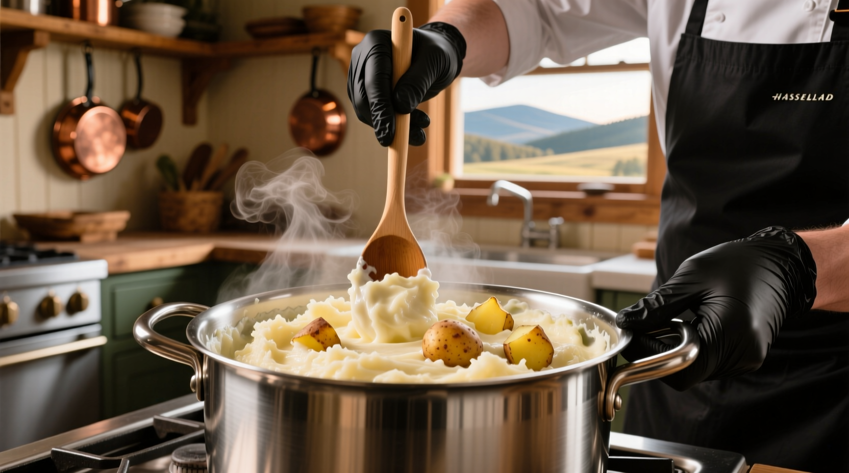 Chef preparing fluffy Idaho mashed potatoes in stainless steel pot