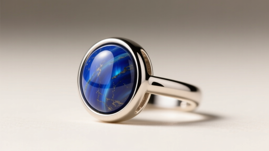 Close-up of a 20-gauge implant-grade titanium throat chakra earring featuring a polished lapis lazuli stone in a bezel setting.