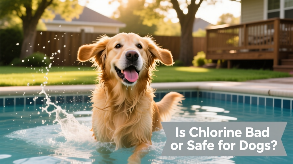 A happy medium-sized dog emerging from a backyard pool, shaking off water