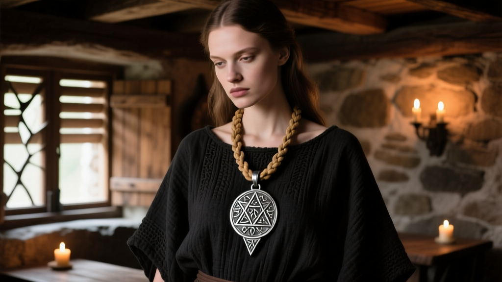 Model wearing an oxidized silver elemental amulet on a thick wheat chain, layered over a dark linen tunic in a dimly lit tavern