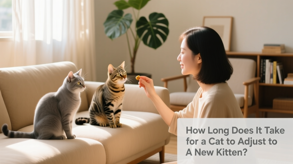 A person gently holding a treat near two cats sitting calmly on opposite ends of a sofa, with soft lighting and a relaxed atmosphere