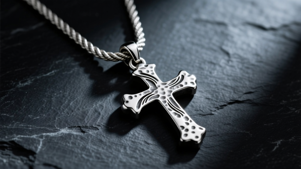 Textured sterling silver rugged cross pendant hanging on a thick rope chain against a dark slate background, dramatic lighting.