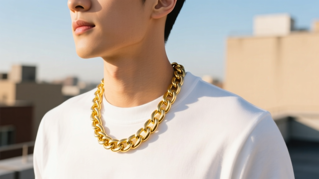 Close-up of a man wearing a 4mm 18k yellow gold Cuban link chain over a crisp white crewneck t-shirt in natural sunlight.