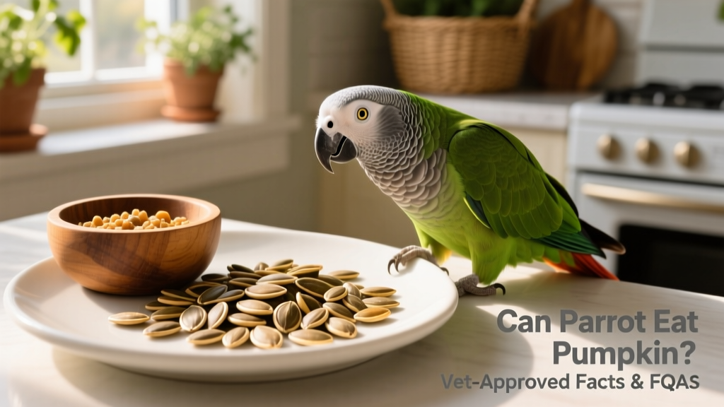 A handful of raw, shelled pumpkin seeds scattered on a clean ceramic dish beside a parrot’s food bowl
