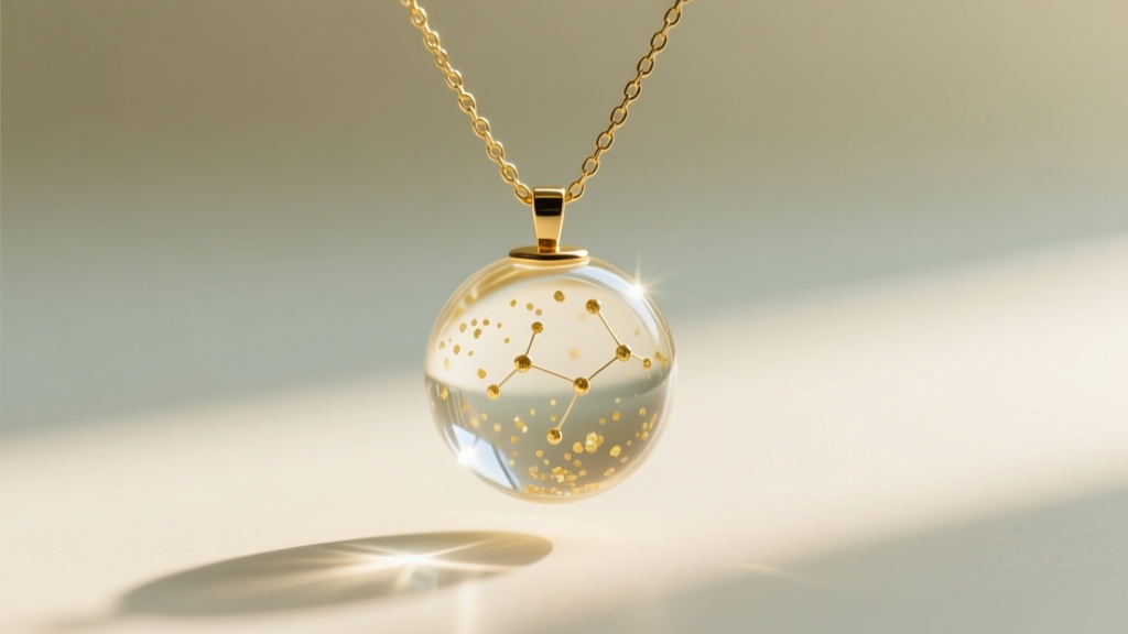 Macro shot of a borosilicate glass bubble pendant with gold flakes on a 1.2mm box chain against a soft blurred backdrop.
