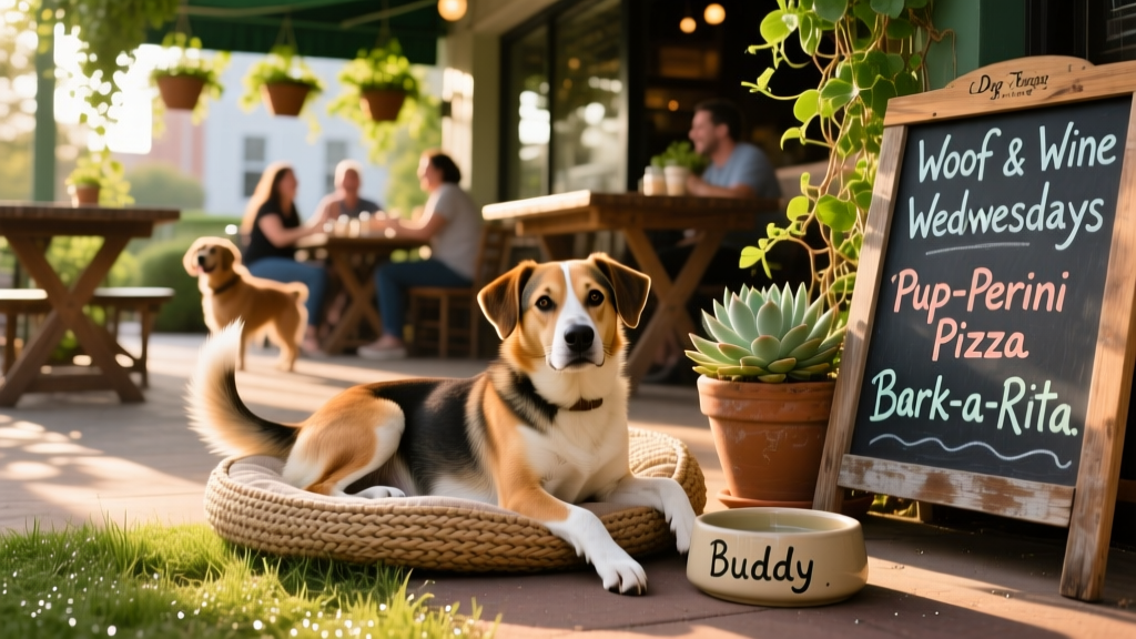 A dog relaxing on the patio of a casual, dog-friendly restaurant in Houston