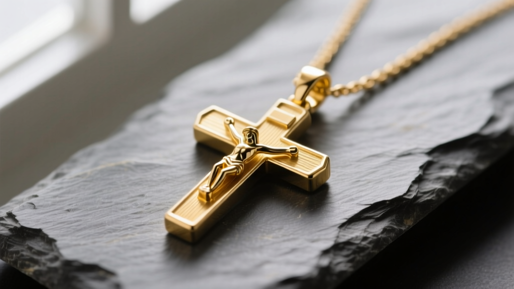 Macro shot of a 14mm 14k yellow gold crucifix pendant on slate, showing brushed finish and beveled edges in soft light.