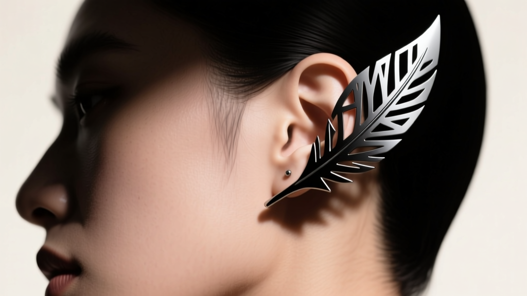 Close-up of a model ear wearing an avant-garde laser-cut black titanium feather ear cuff in dramatic studio editorial lighting