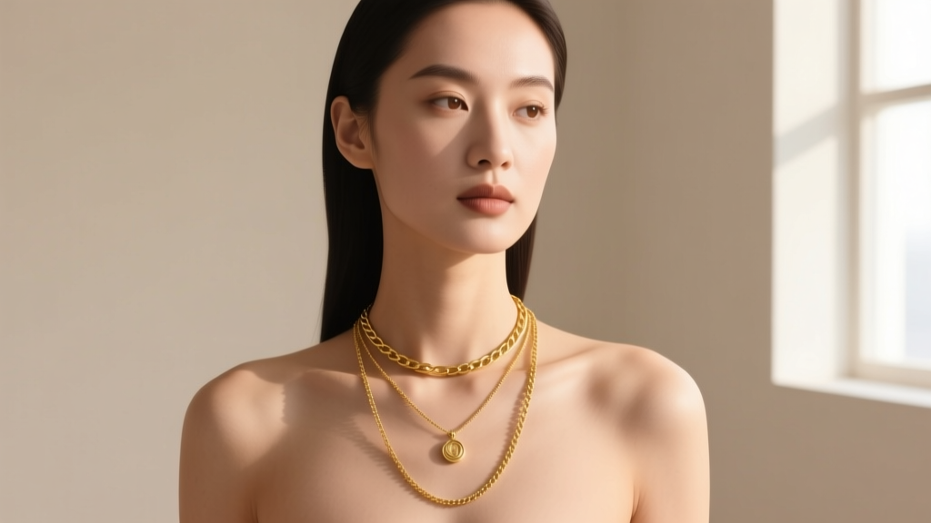 Woman wearing three layered solid gold necklaces of varying lengths against a neutral beige backdrop, illuminated by soft lighting