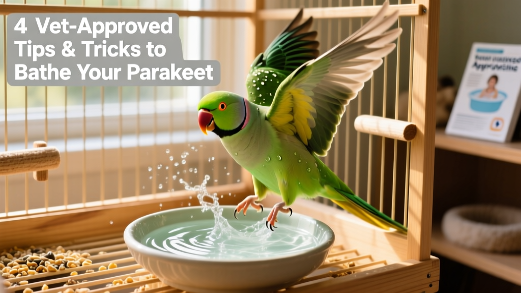 A cheerful parakeet splashing in a shallow dish of clean water inside its cage