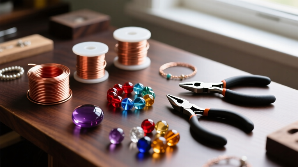 Flat lay of beginner jewelry supplies including copper wire spools, round nose pliers, and glass beads on a dark wooden workbench