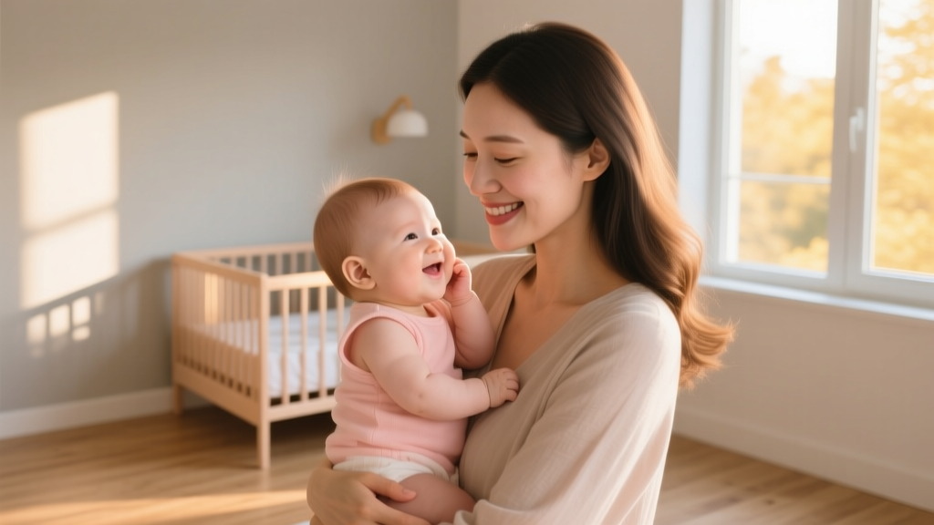 Mother gently holding her smiling baby