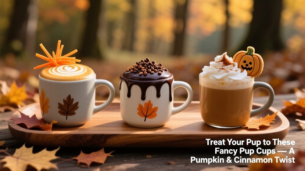 Three festive dog drinks side by side on a fall-themed tray: carrot-maple latte, mocha-style treat, and pumpkin spice latte, each garnished with dog-safe toppings