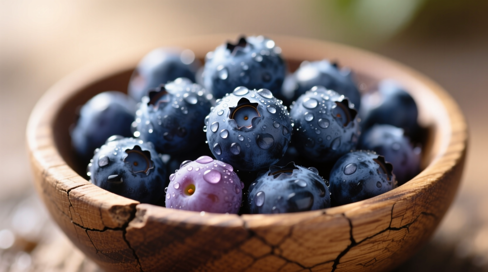 Fresh blueberries in wooden bowl showing color variation