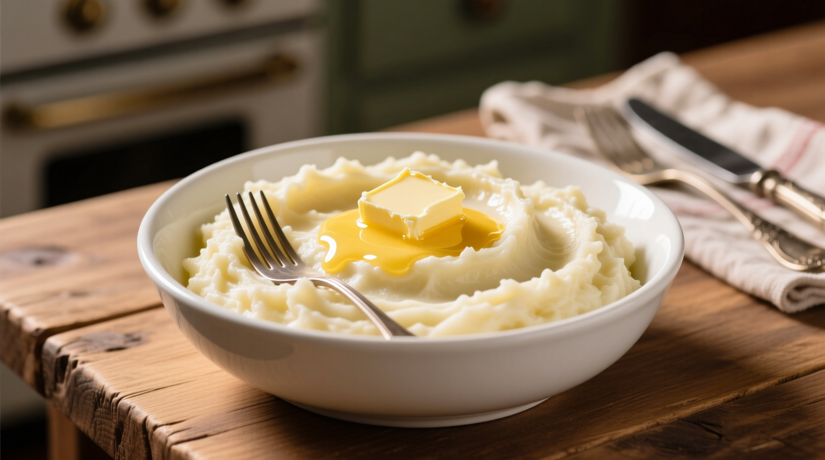 Creamy mashed potatoes in white bowl with butter