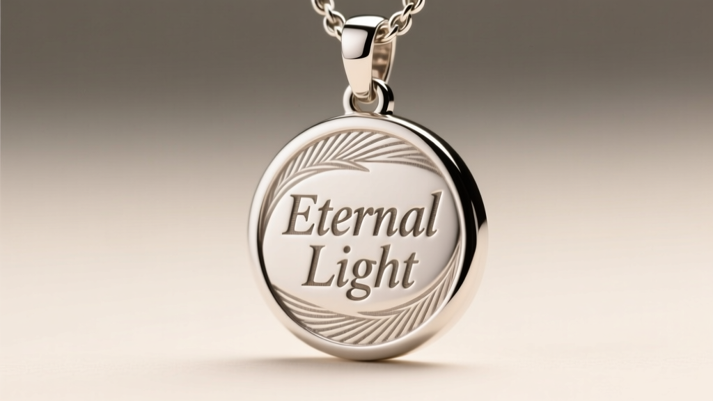 Macro photography of fiber laser engraving on a platinum pendant, showing deep contrast and crisp serif font edges in soft light.