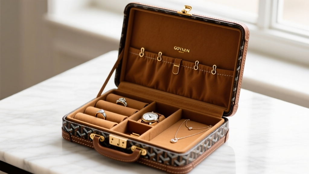 Open Goyard jewelry case showing plush tan suede interior with dedicated ring rolls, necklace hooks, and a hidden watch compartment