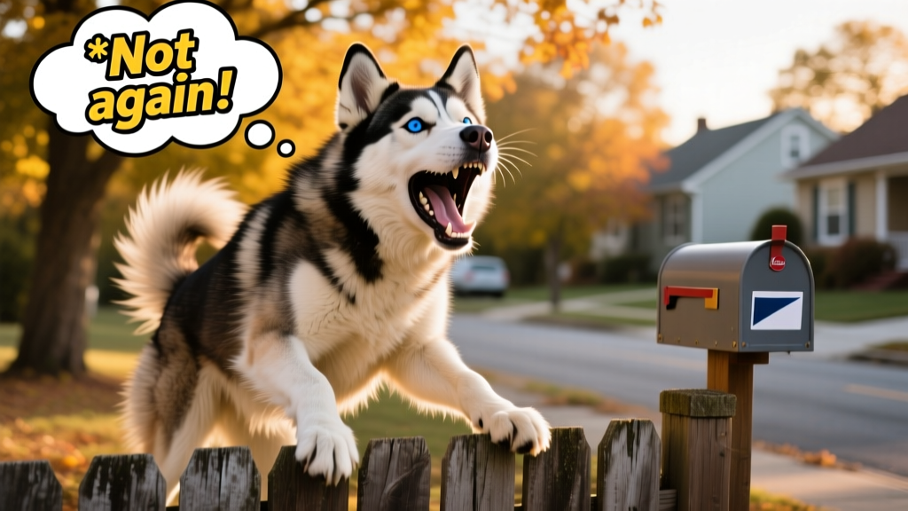 A spirited Siberian Husky mid-bark, paws on a fence, eyes locked on something off-camera—capturing the dramatic, chaotic energy of the 'messenger of chaos' moment