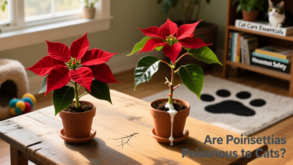 A side-by-side comparison: safe silk poinsettia and toxic live poinsettia plant