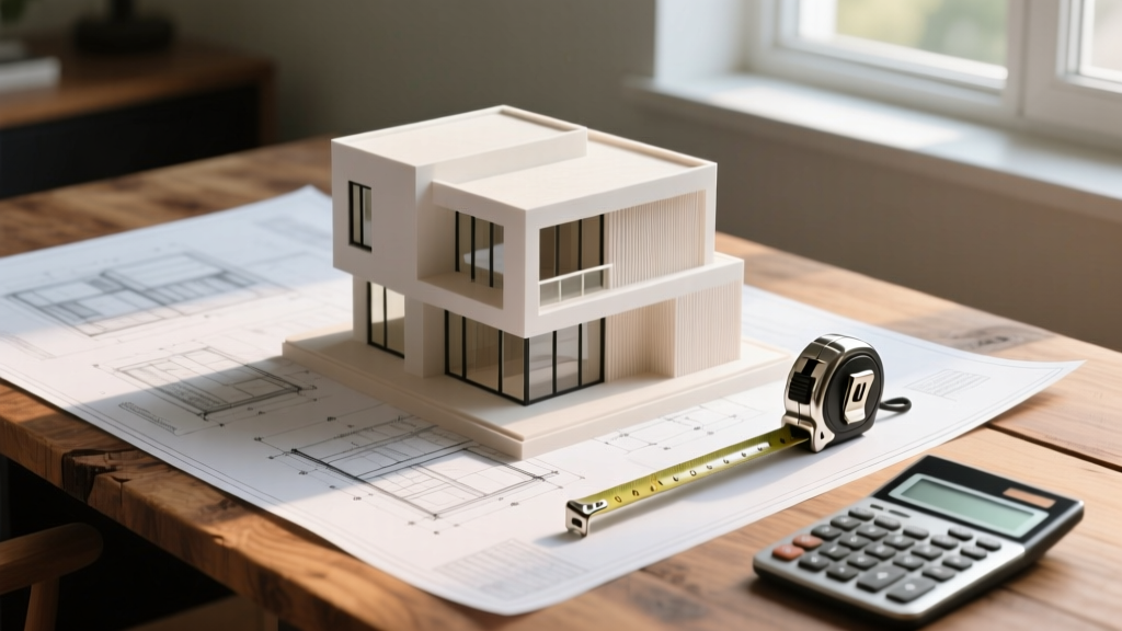 Architectural blueprints on a wooden desk next to a tape measure, calculator, and a 3D printed scale model of a modern two-story home.