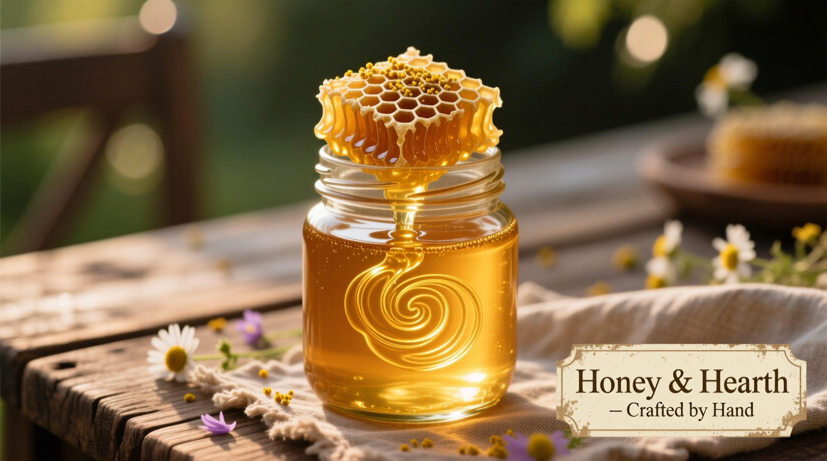 Golden mead in glass with honeycomb