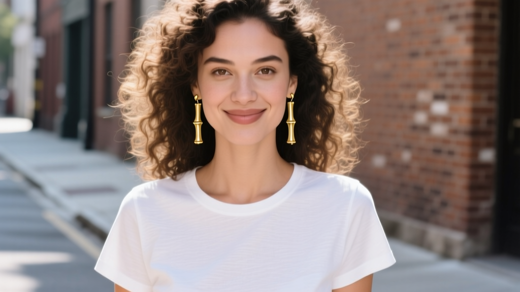 Street-style portrait of a woman wearing medium gold bamboo earrings, paired with a crisp white t-shirt and natural curly hair