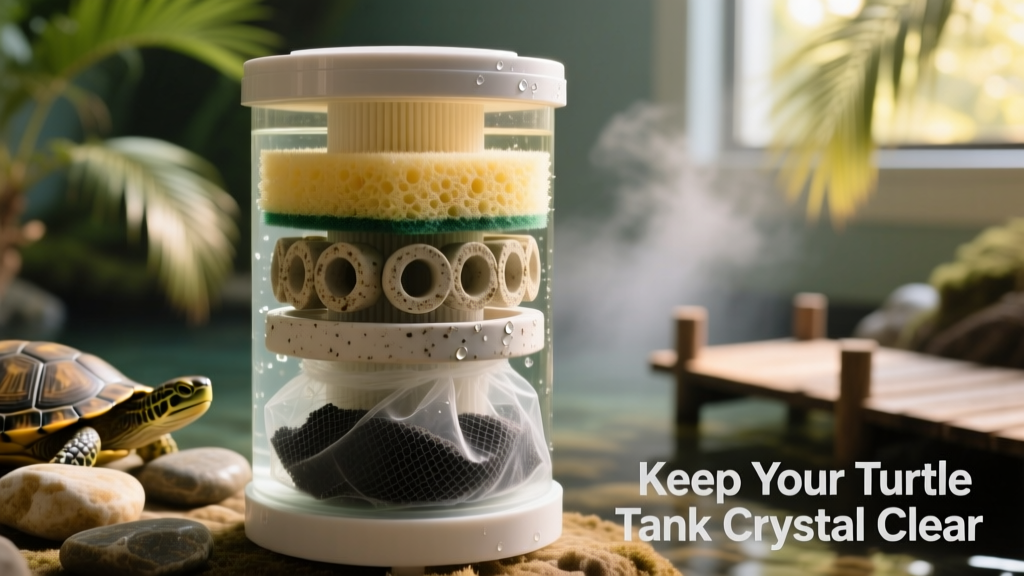 Close-up of layered filter media inside a canister filter: sponge (mechanical), ceramic rings (biological), and carbon bag (chemical)