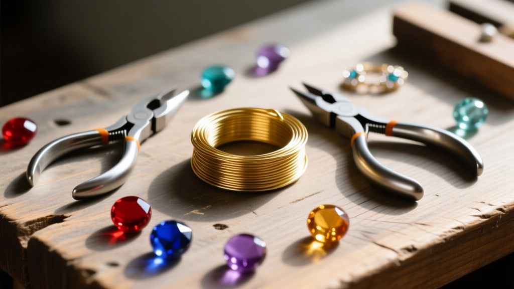 Flat lay of jewelry tools including 24-gauge gold-filled wire, round-nose pliers, and scattered glass beads on a wooden workbench.