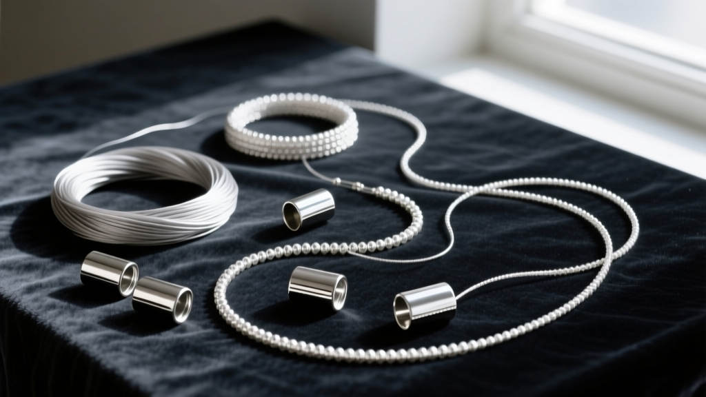 Flat lay of beaded earring stringing materials including beading wire, silk thread, and sterling silver crimp tubes on dark velvet