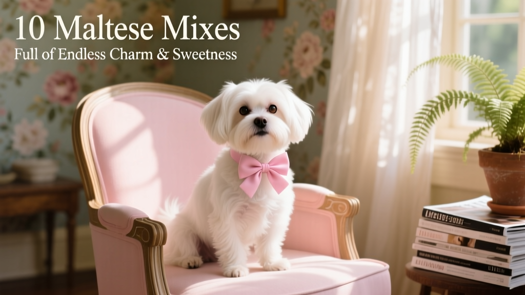 maltichon wearing a bow sitting in a pink chair