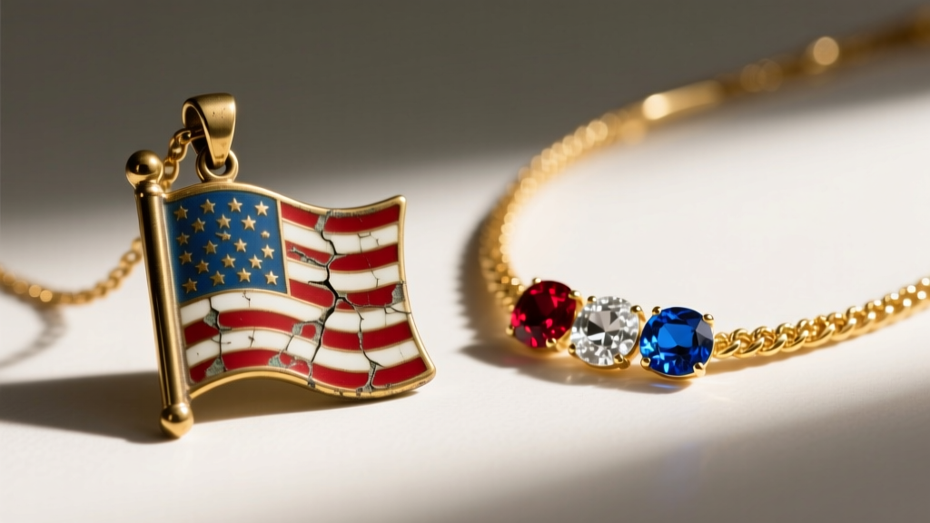 Side profile of a chipped brass enamel flag pendant next to a pristine solid gold and gemstone red white and blue necklace